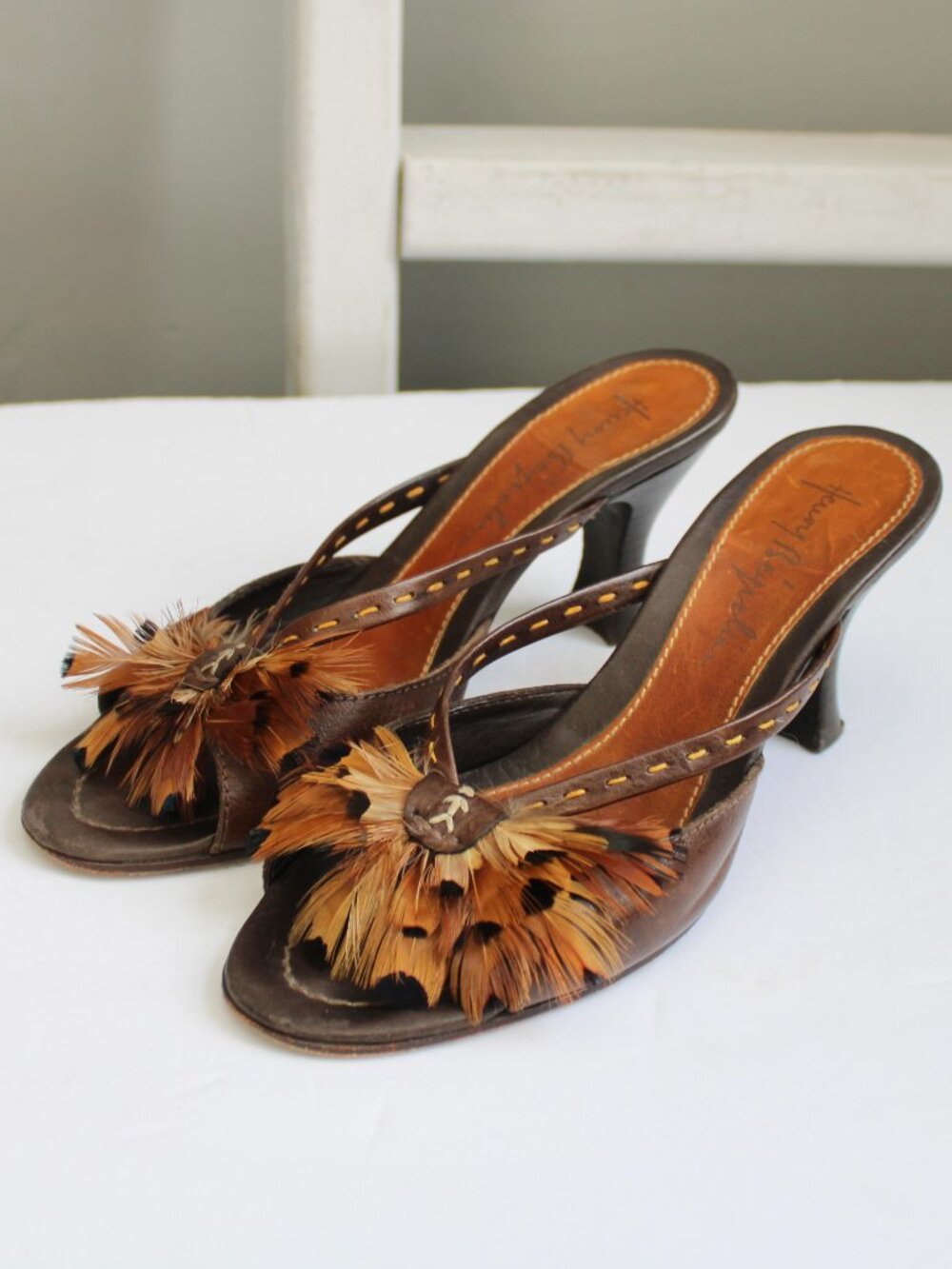 Henry Beguelin Feathered Leather Open-Toe Heels Sandals Brown Size 38 EU / 7 US
